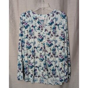 Denim & Company Women's LARGE Multicolor Floral Long Sleeve Henley Career Boho